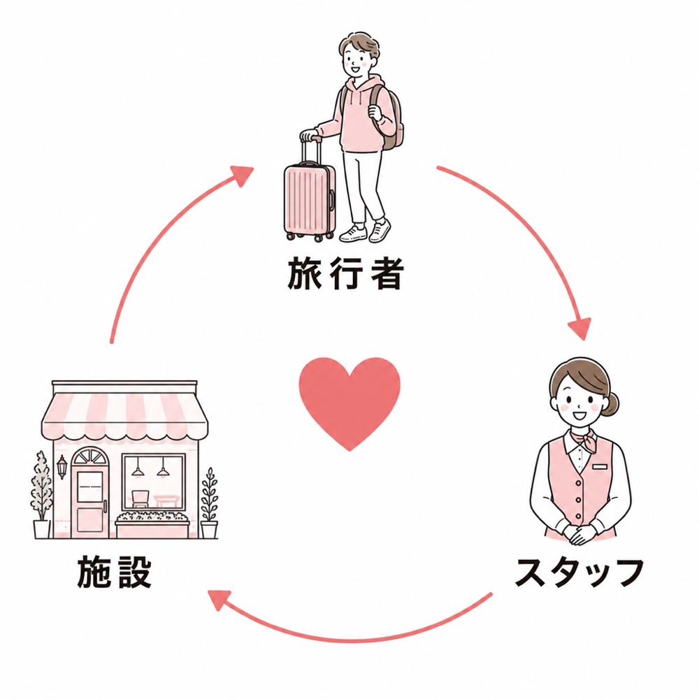 旅行者・スタッフ・施設の間を感謝が循環する図